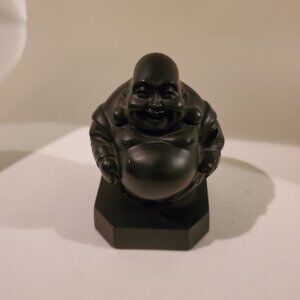Vintage Happy Laughing Chinese Buddha Carved Figurine Black Cast Resin